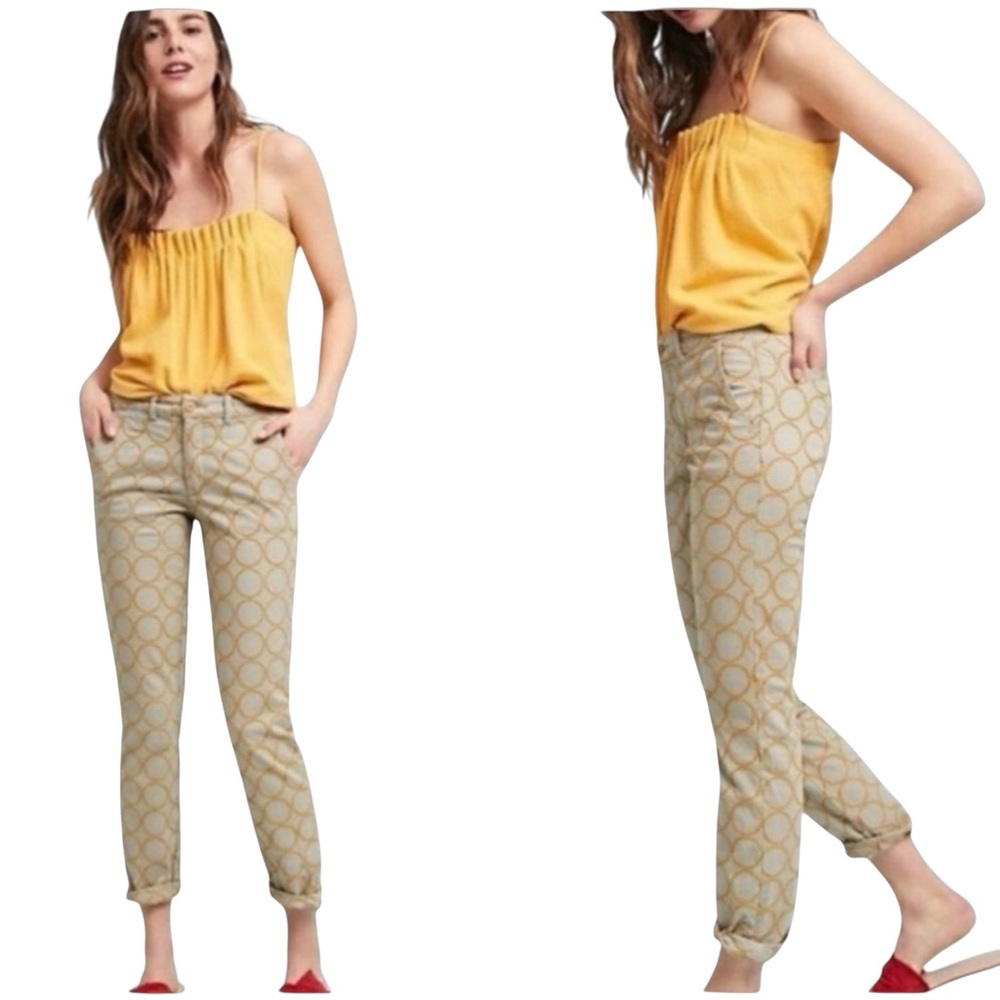ANTHROPOLOGIE Chino Embroidered Circles Relaxed Fit Pants Tan/Blue/Gold Size 27 - Picture 6 of 12